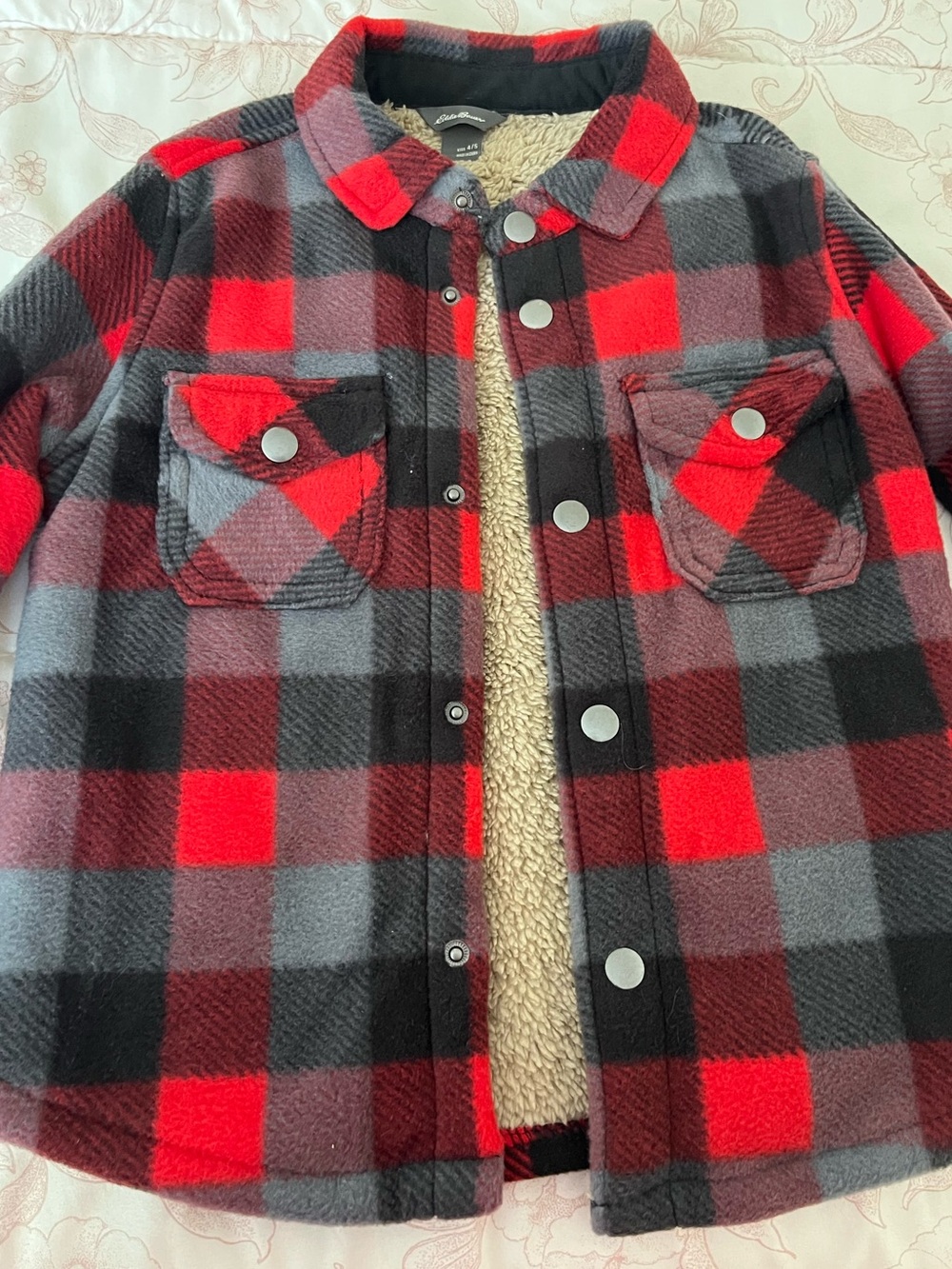 Eddie Bauer Kids Sherpa-Lined Plaid Shacket Jacket - Red/Black kids 4/5